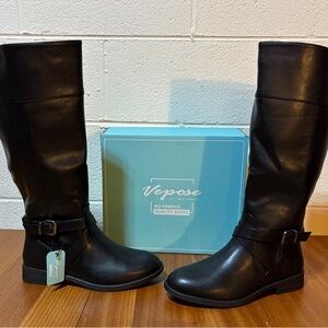 NEW! Vepose Knee High Riding Metal Buckle Zipper Women Boots Size 8.5 Black